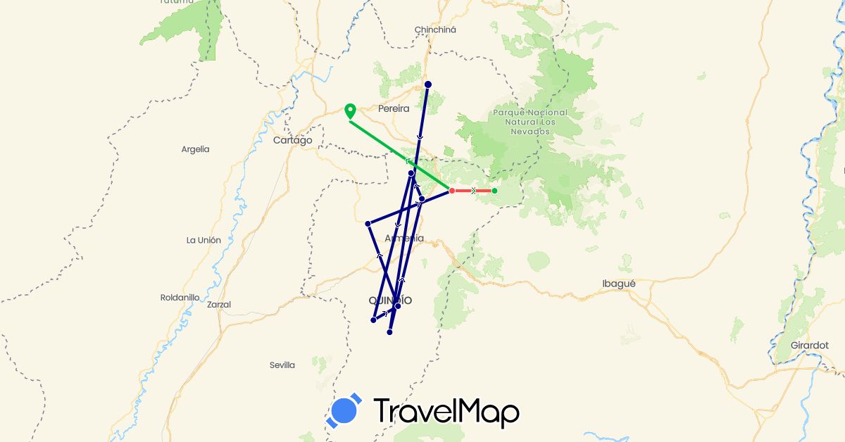 TravelMap itinerary: driving, bus, hiking in Colombia (South America)
