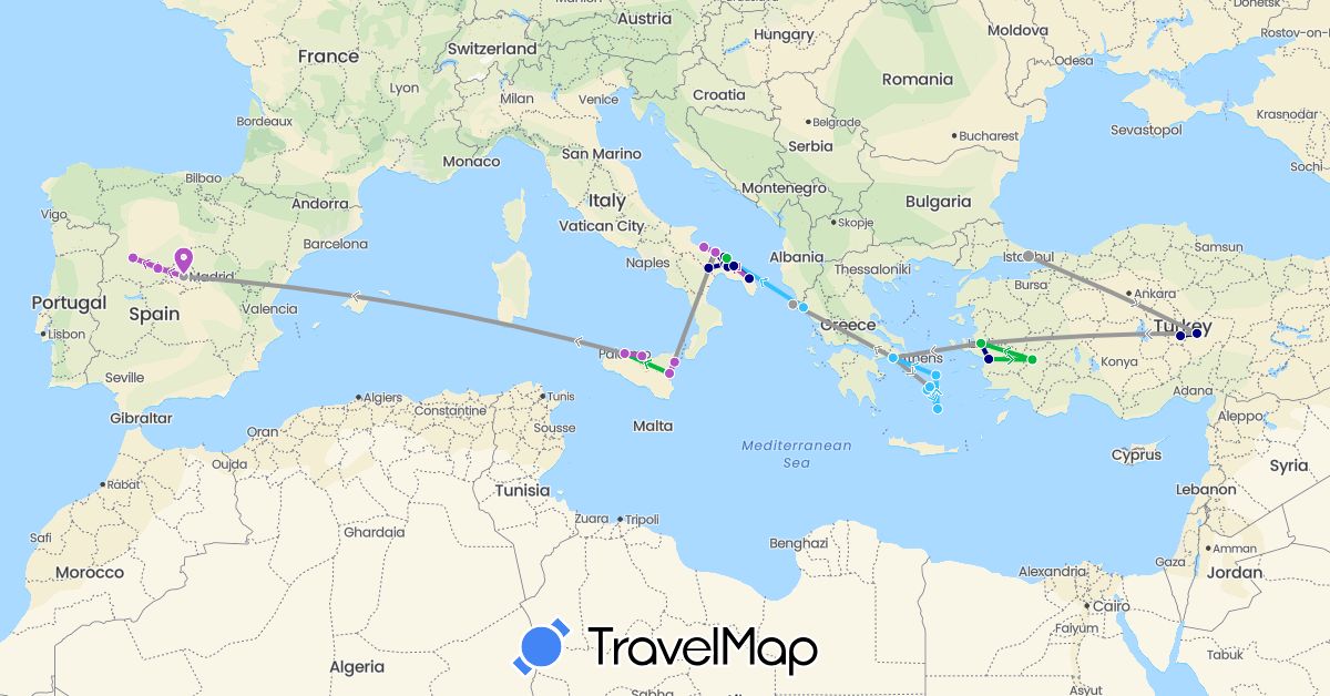 TravelMap itinerary: driving, bus, plane, train, boat in Spain, Greece, Italy, Turkey (Asia, Europe)